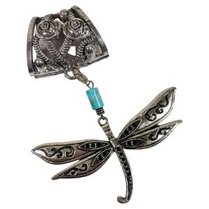 Vintage Silver Tone Dragonfly Scarf Slide Clip Turquoise Bead Rose Detail Floral